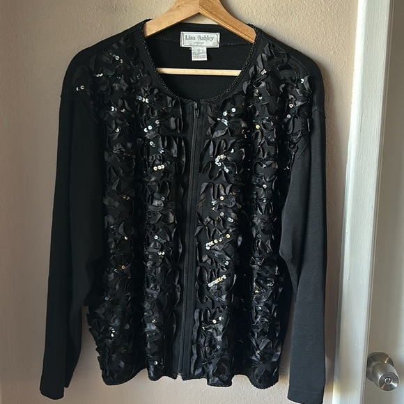 LISA ASHLEY Black Ribbon Sequin Zip Front Cardigan - Picture 2 of 7